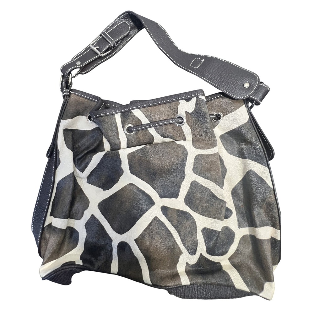 Attention Women's Brown Leather Giraffe Print‎ Pony Hair Drawstring Shoulder Bag